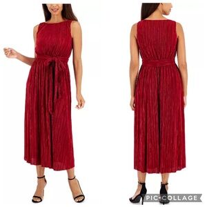 Anne Klein‎ Pleated Boat Neck Belted Midi Dress Titian Red XXL